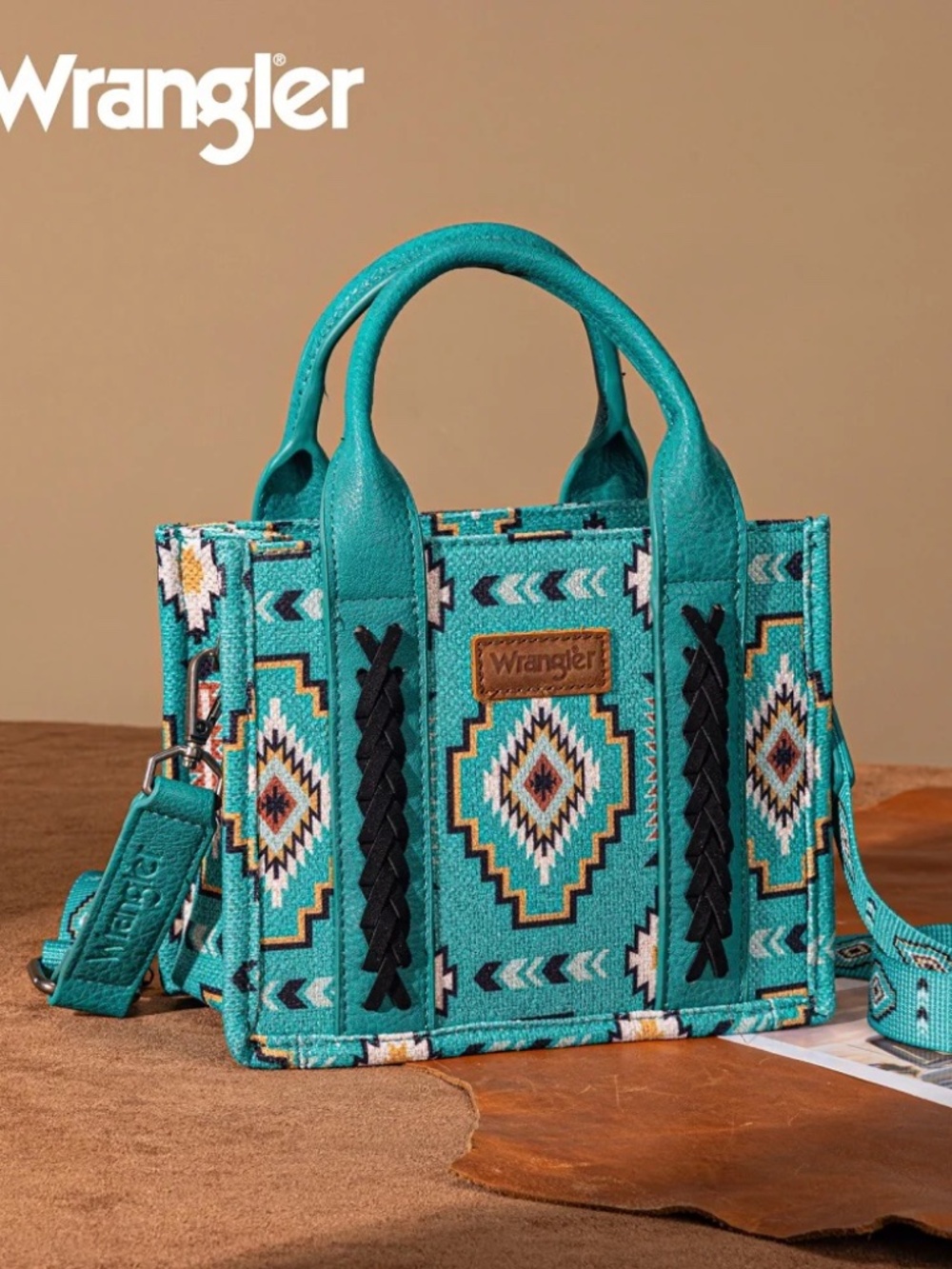 Wrangler Aztec Print Braided Detail Tote Bag Turquoise